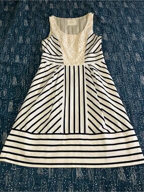 White and Black Striped Maeve Dress with Cream Lace